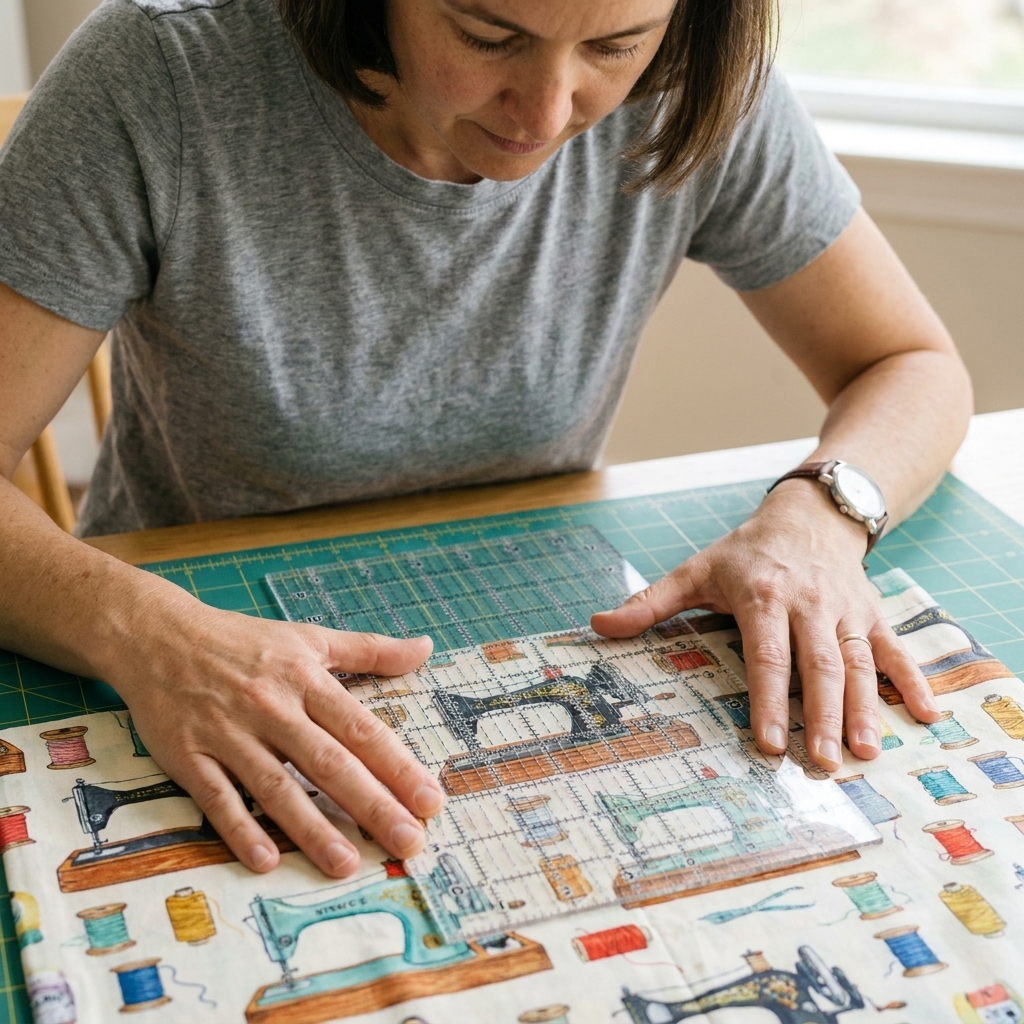 Hands positioning a clear quilting ruler over a novelty print fabric to fussy cut a centered motif for a small quilt block