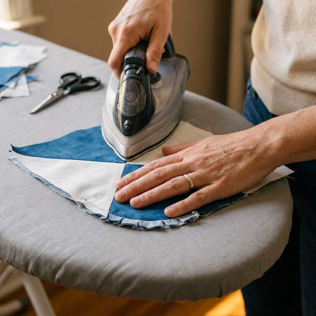 Hands pressing a Drunkard’s Path unit on an ironing surface, with the curved seam allowance clipped and the unit lying flat