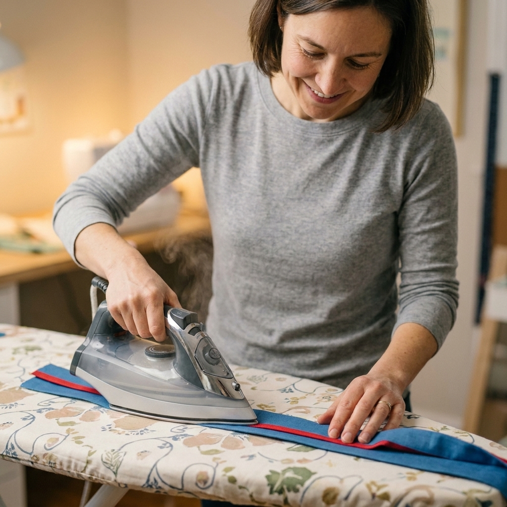 Hands pressing a two-tone flange binding strip with an iron on an ironing board, showing the narrow accent fabric peeking out slightly