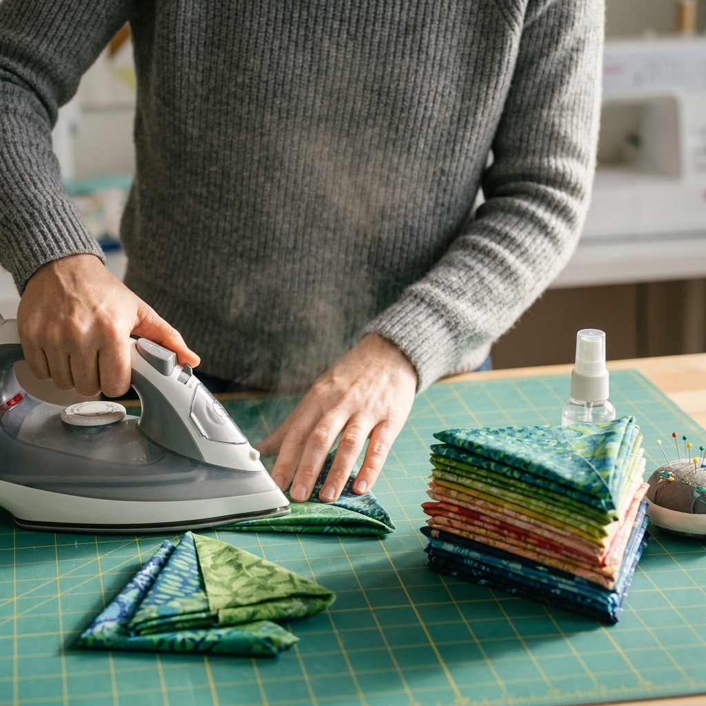 Hands pressing folded fabric triangles with an iron on a quilting mat, with a neat stack of prairie points ready to sew