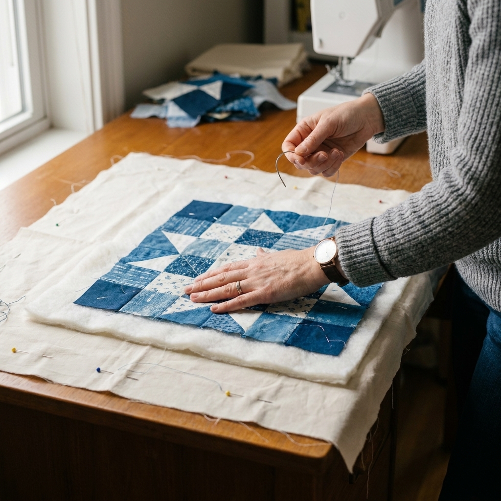 Hands smoothing a quilt block on top of batting and backing fabric while basting on a sewing table