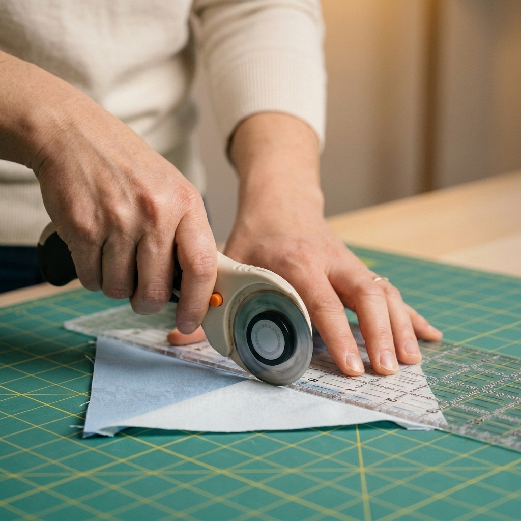 Hands trimming a flying geese quilt unit with a clear acrylic quilting ruler and rotary cutter on a green cutting mat.