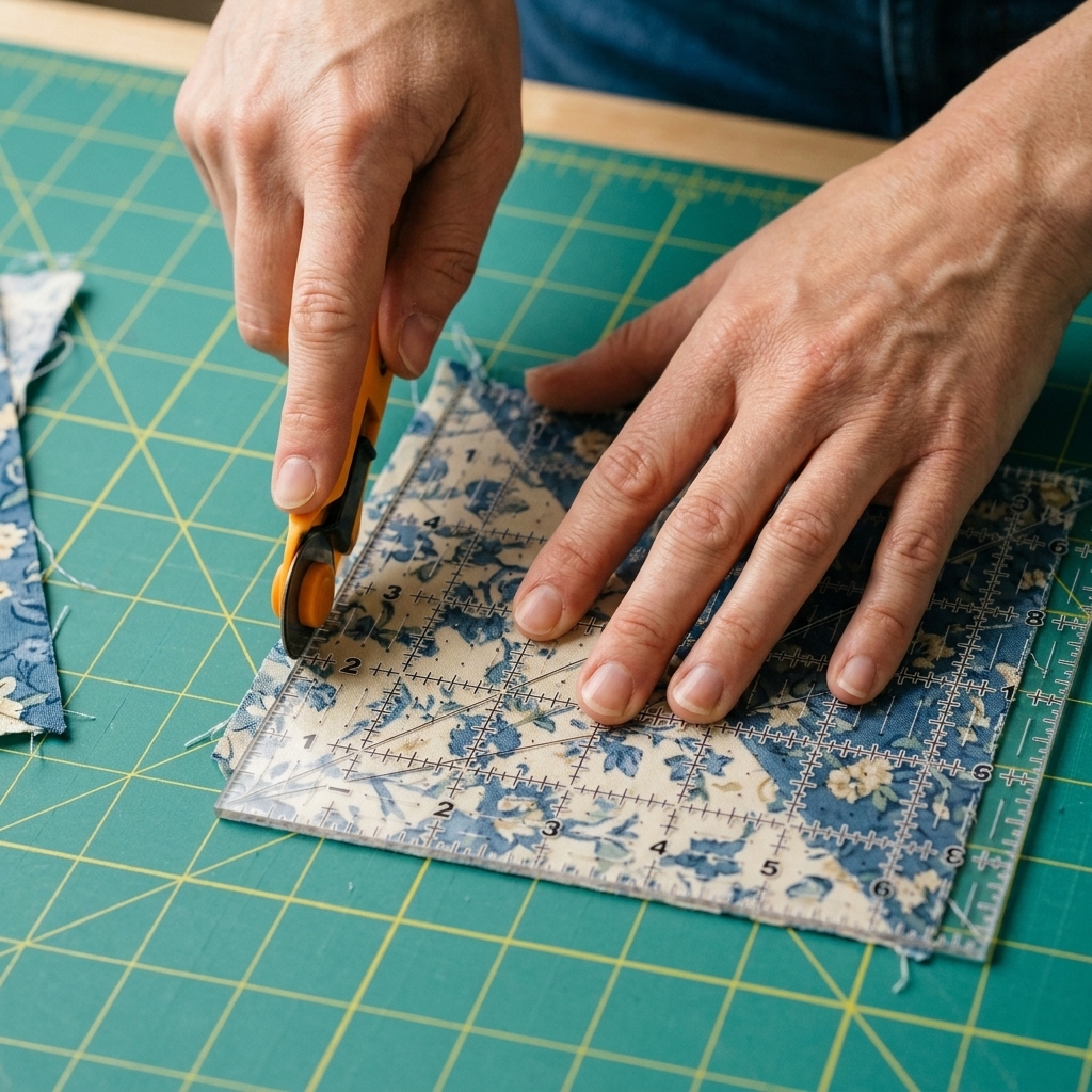 Hands trimming a half-square triangle unit with a square quilting ruler and rotary cutter on a cutting mat