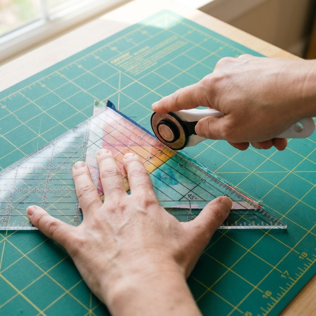 Hands trimming a half-square triangle with a square acrylic ruler, aligning the 45-degree line to the seam on a cutting mat