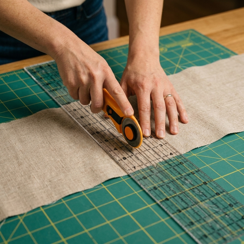 Hands using a clear quilting ruler and rotary cutter to cut a strip of Essex Linen on a gridded cutting mat