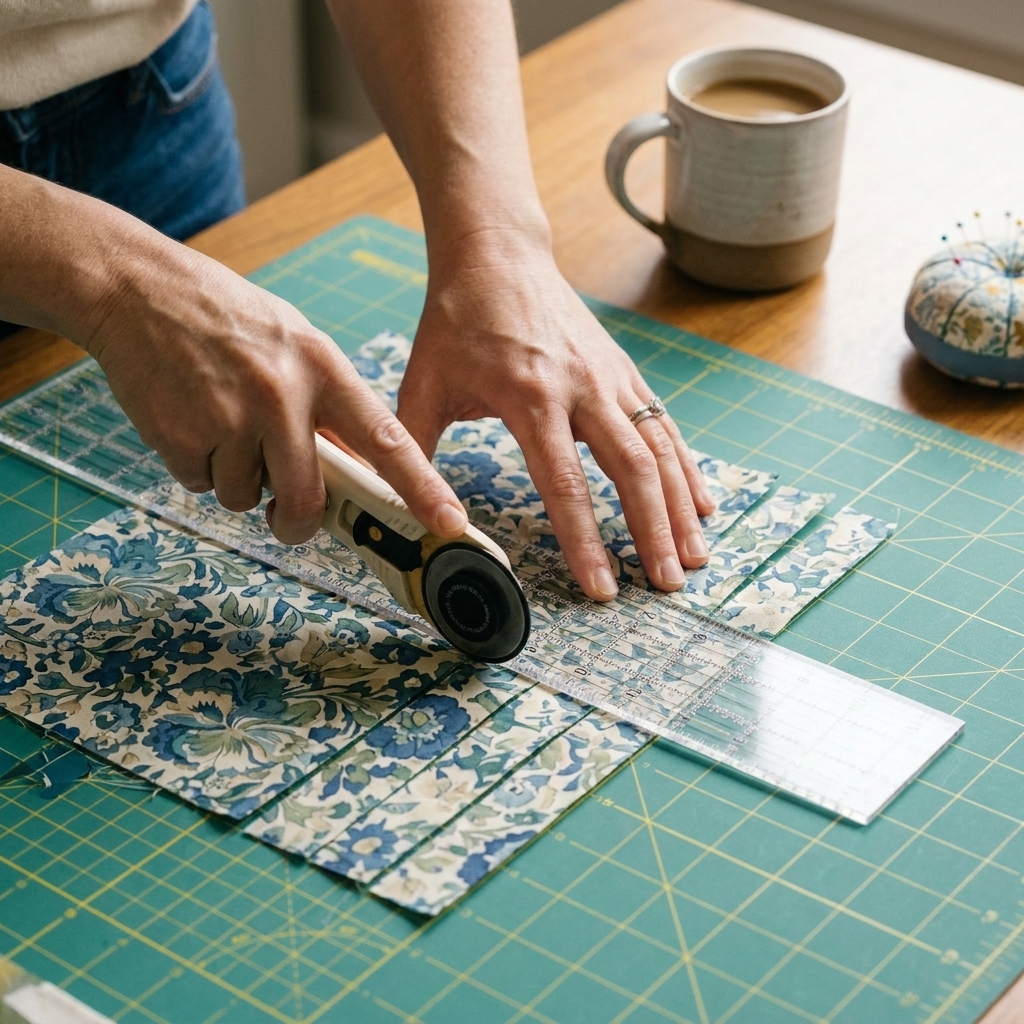 Hands using a rotary cutter and acrylic ruler to cut strips from a pressed fat quarter on a green self-healing cutting mat