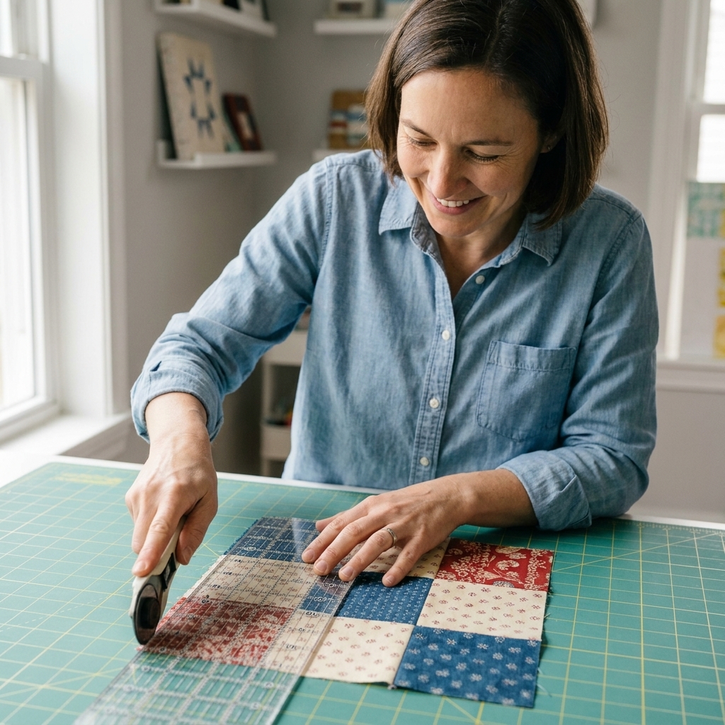 Hands using a rotary cutter and clear quilting ruler to cut a pieced nine patch block on a green cutting mat