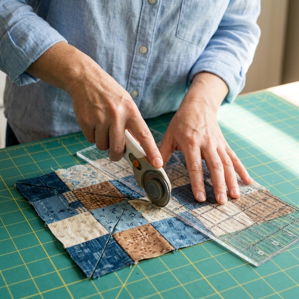 Hands using a rotary cutter and ruler to cut a sewn fabric square along the diagonals and then through the center on a cutting mat