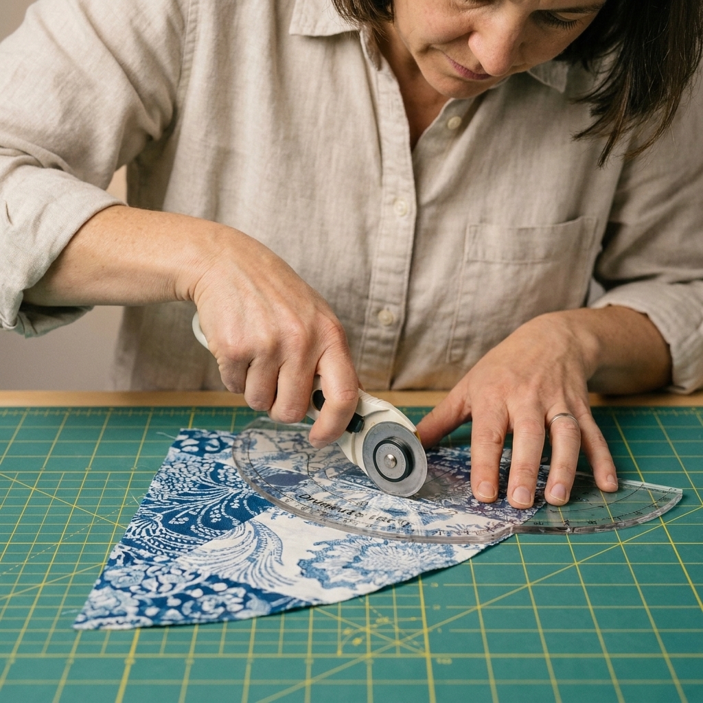 Hands using a rotary cutter to cut a curved quilting piece along an acrylic Drunkard’s Path template on a gridded cutting mat
