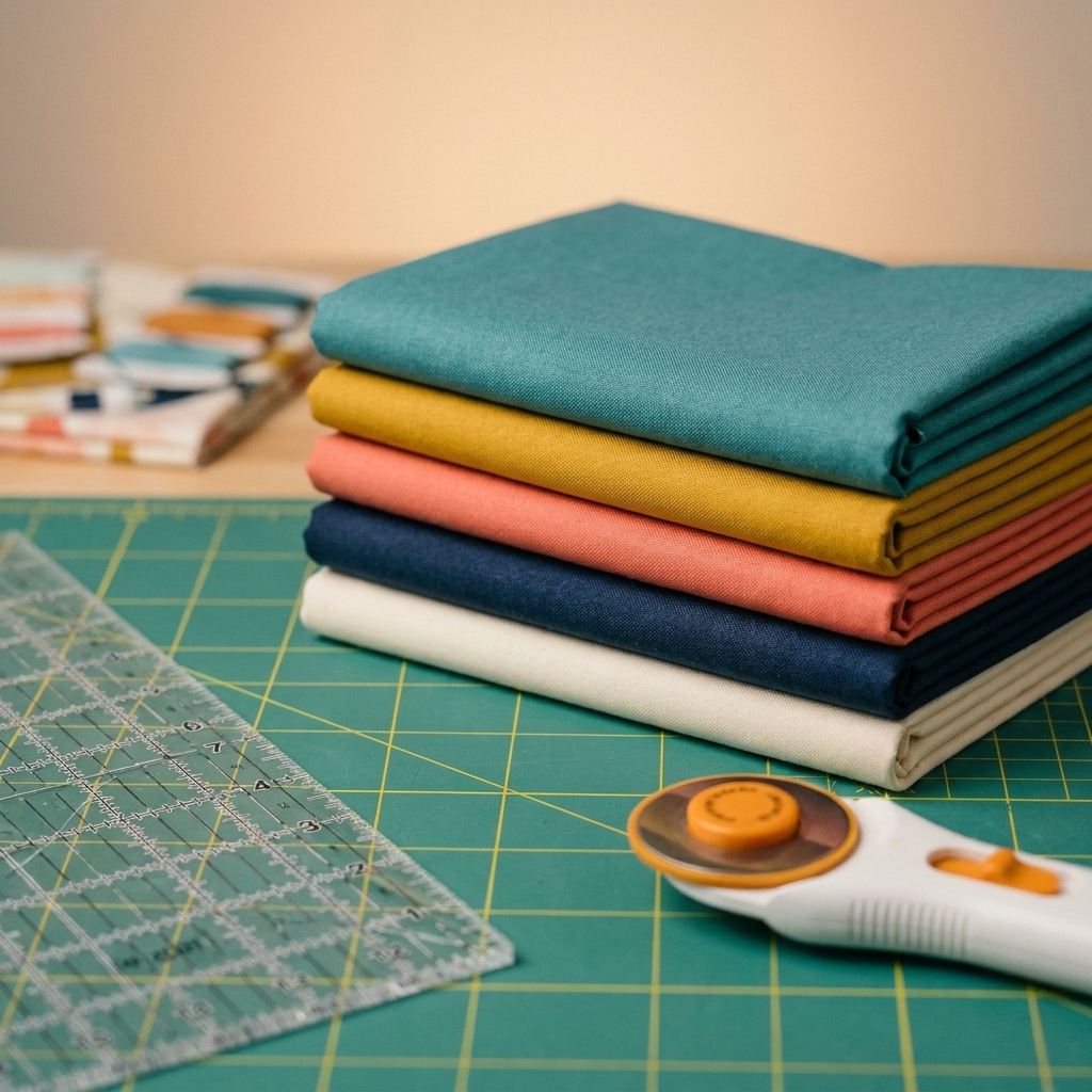 Neatly folded quilting cotton fabric in coordinating modern colors stacked beside a rotary cutter and acrylic ruler on a cutting mat