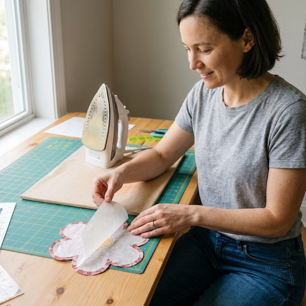 Paper-backed fusible web being peeled from a fabric appliqué shape next to an iron and pressing sheet on a quilting table