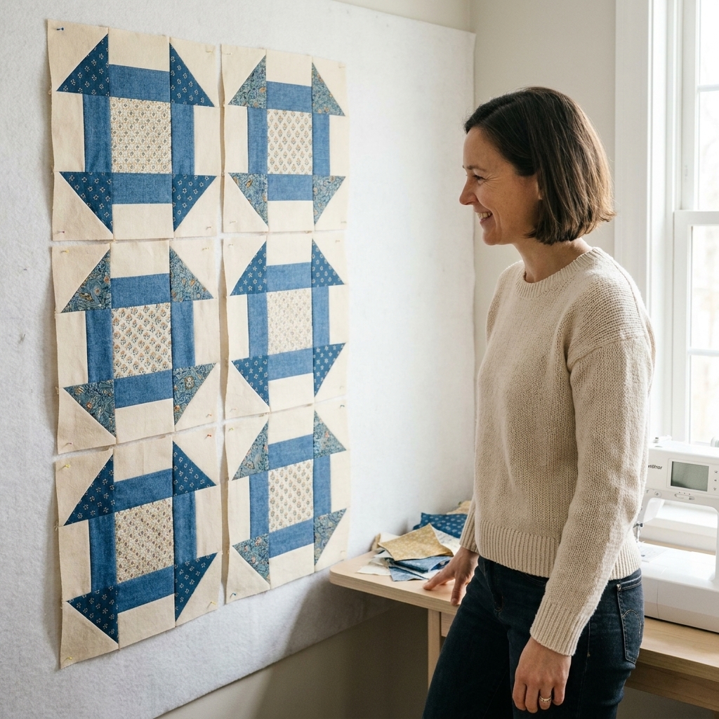 Quilt pieces laid out on a design wall in a 3x3 Churn Dash arrangement before sewing, with HST corners and two-piece side units on the sides