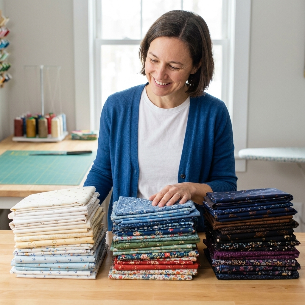 Quilting cotton fabrics laid out on a table in three groups from light to dark, showing clear value separation across different colors and prints