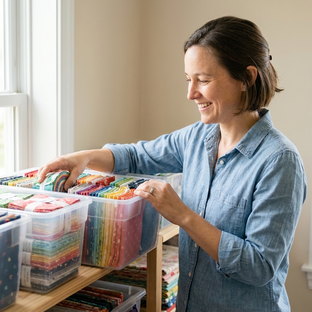 Quilting jelly rolls and charm packs stored upright inside clear plastic bins on a shelf, with colorful fabric edges visible