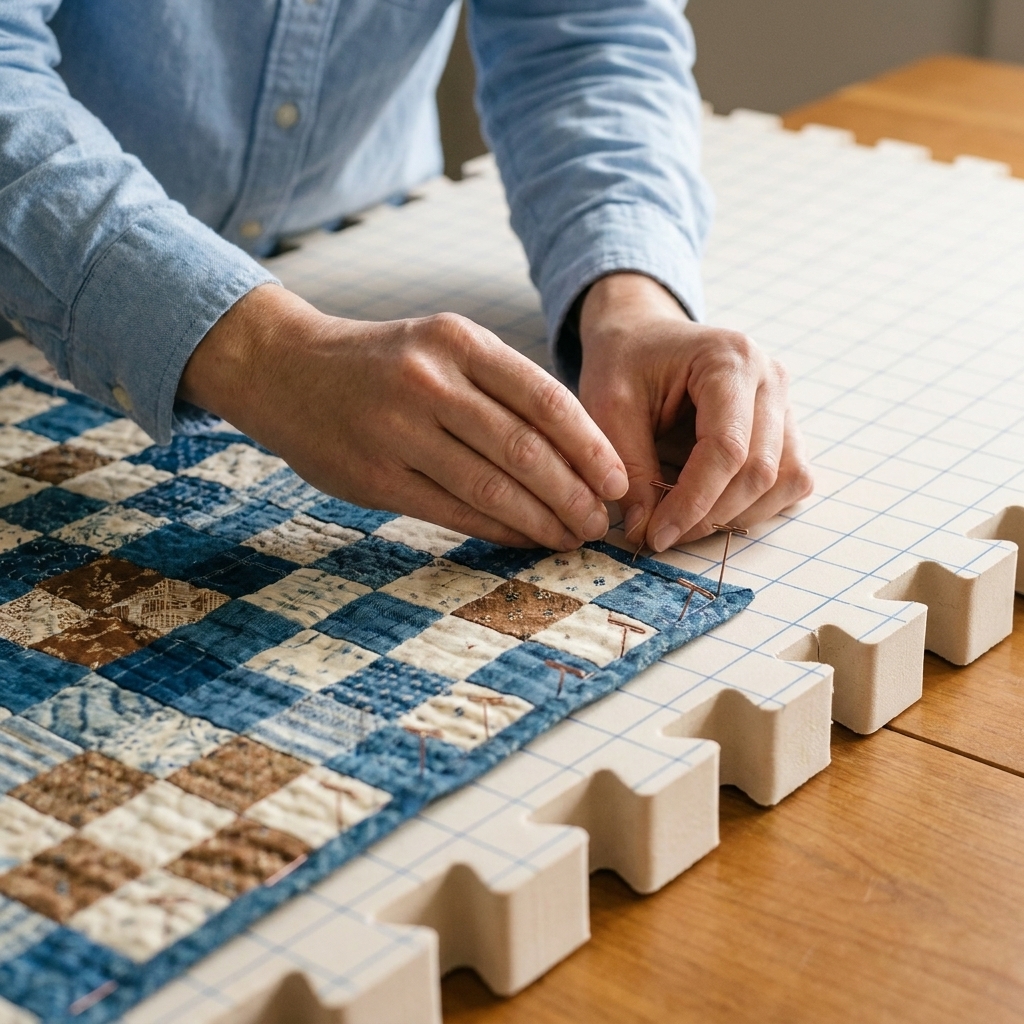 Rustproof pins holding the edge of a quilt to a padded blocking surface, with the quilt fabric slightly tensioned but not stretched