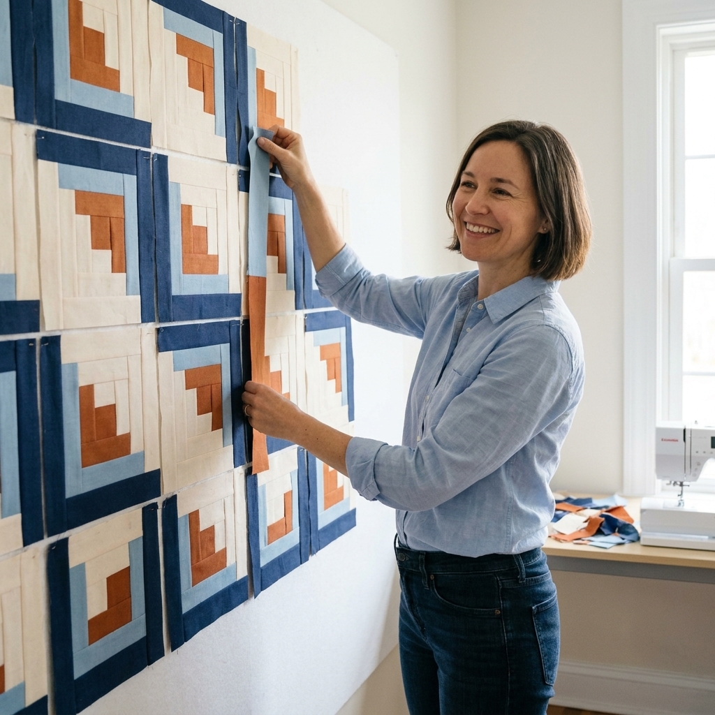 Several courthouse steps quilt blocks made from 2.5-inch strips arranged on a design wall, showing repeated color placement and crisp right angles