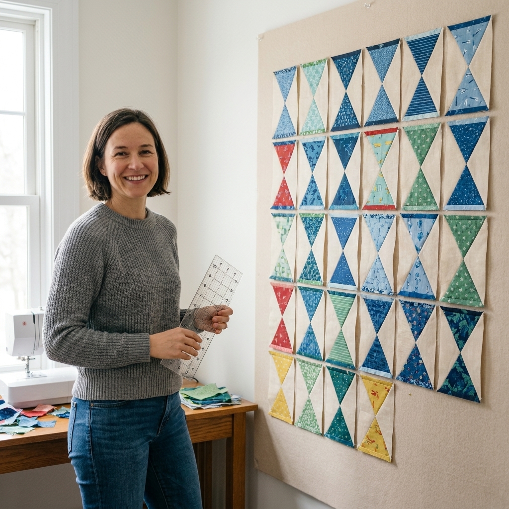 Several hourglass quilt blocks arranged in a neat grid on a neutral design wall, showing balanced color placement