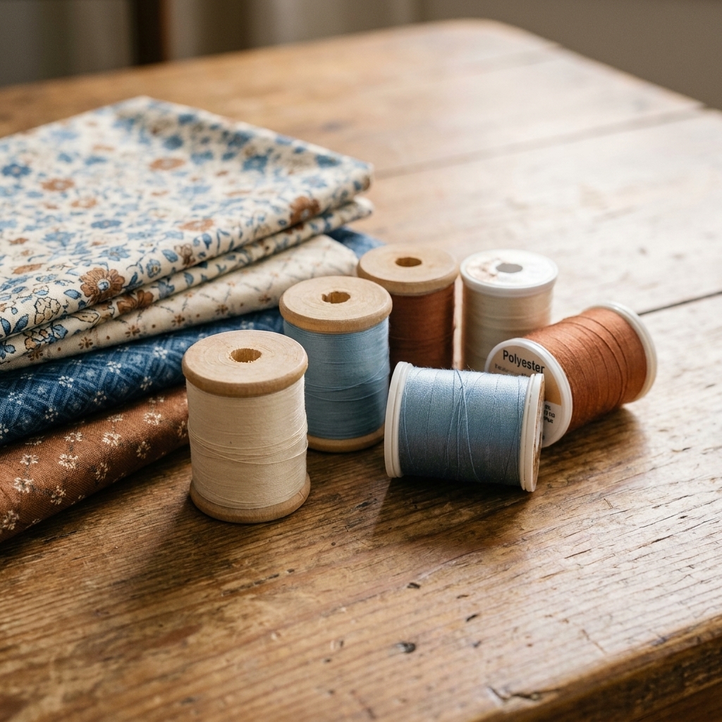 Several thread spools in cotton and polyester finishes sitting on a wooden table next to folded quilting cotton, showing subtle differences in sheen