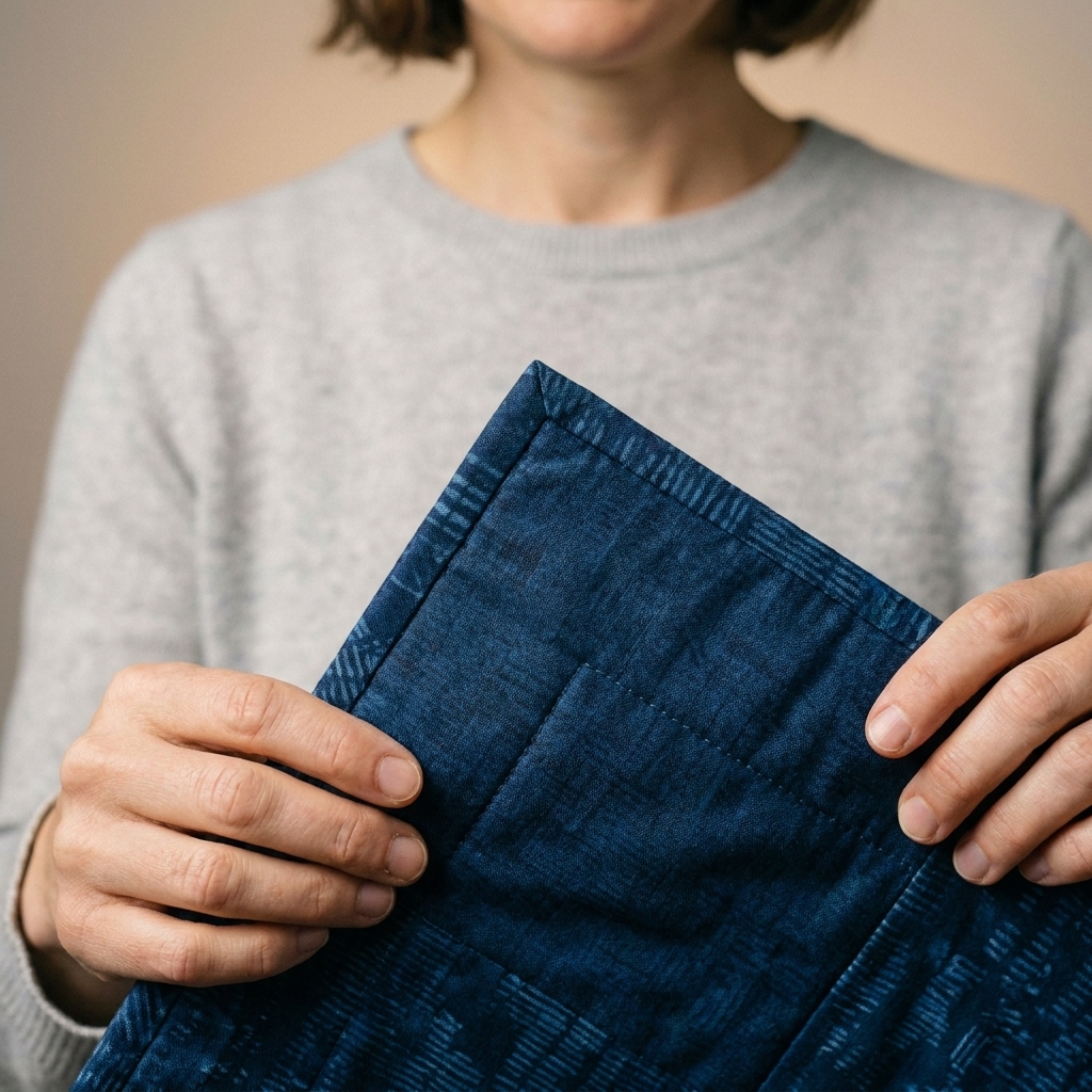 The back of a mini quilt with facing turned and pressed into a crisp corner, showing the facing fabric forming a neat right angle