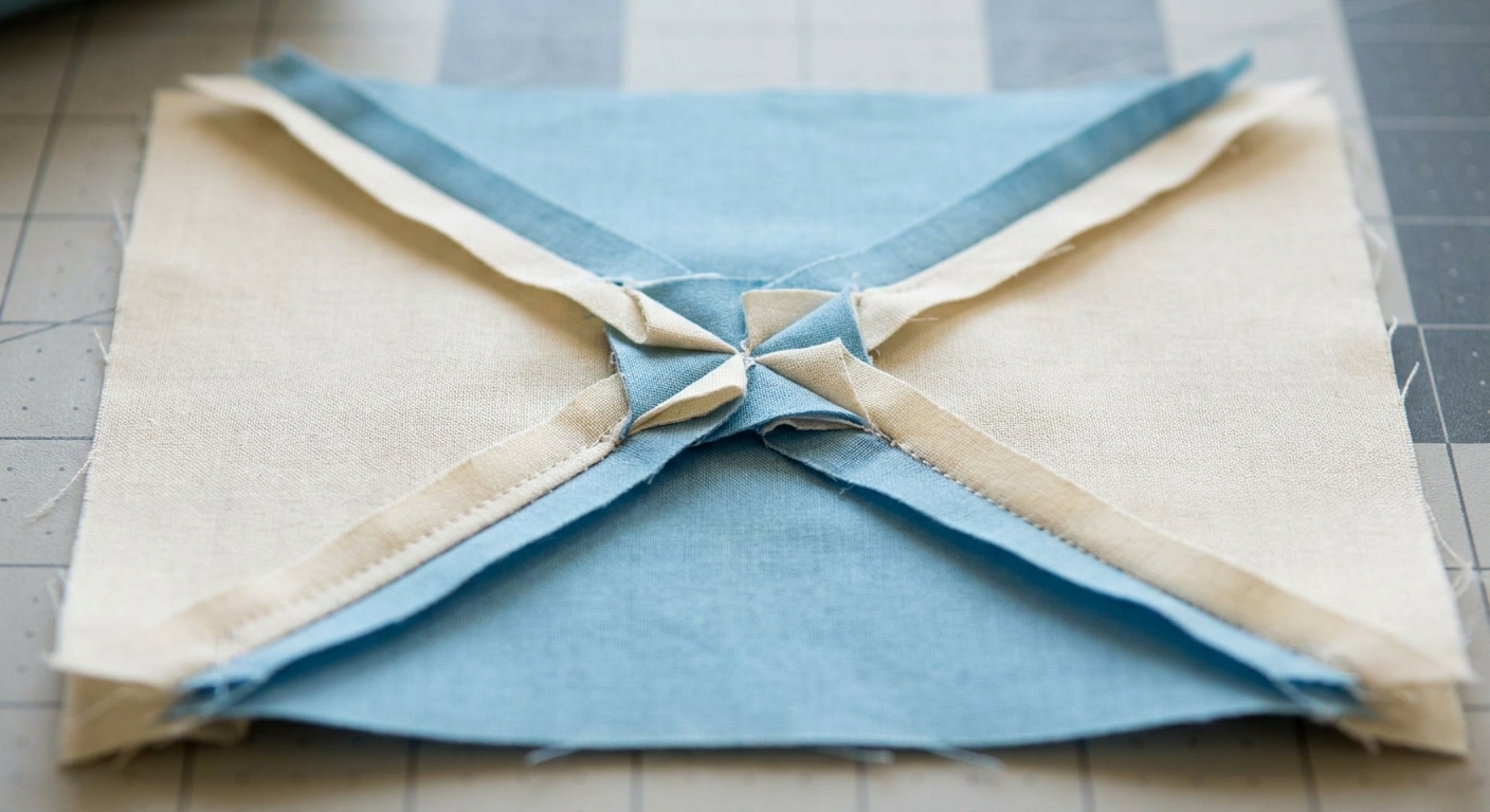 The back of an hourglass quilt block showing seam allowances opened and rotated into a small pinwheel at the center