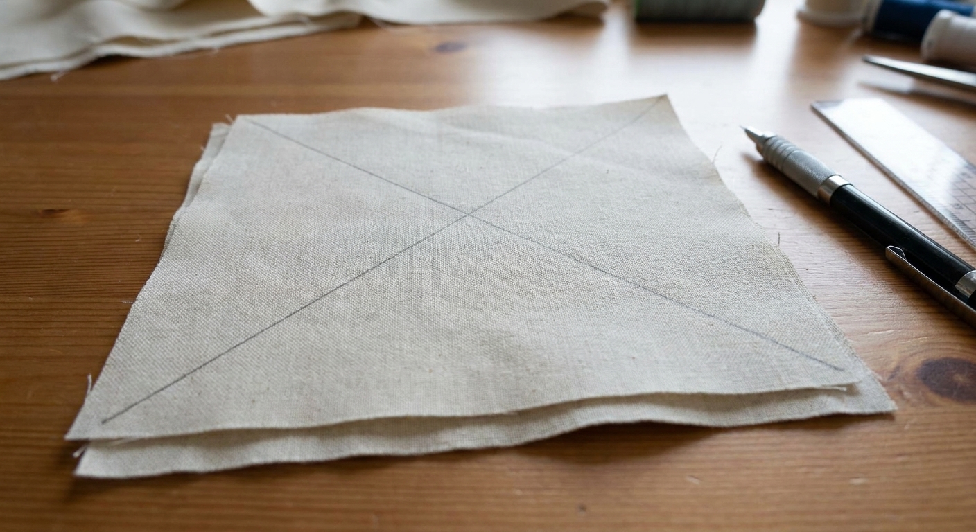 Two fabric squares stacked right sides together with an X drawn corner to corner in pencil across the top square