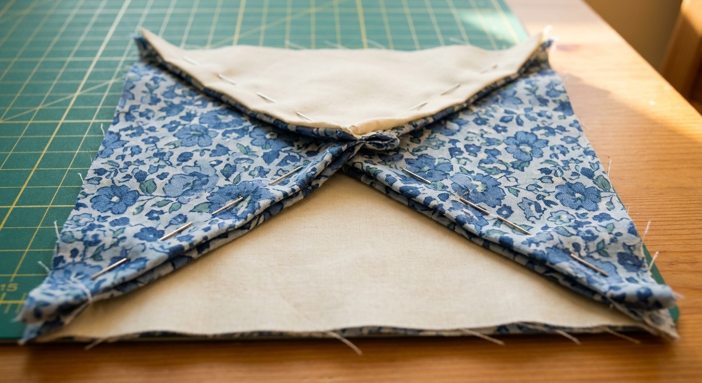 Two half square triangle units pinned right sides together with their diagonal seams nested in opposite directions