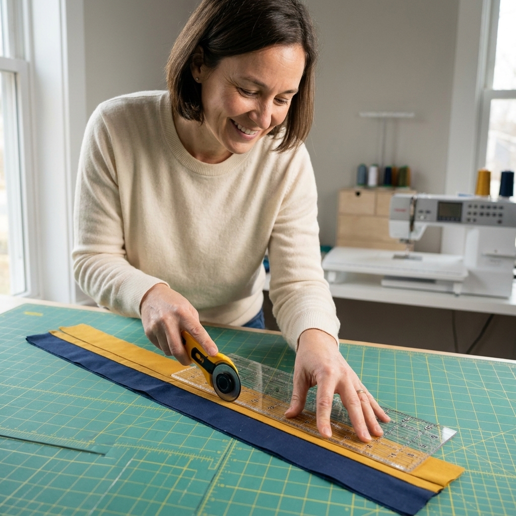 Two long fabric binding strips in contrasting colors laid next to each other on a cutting mat with a rotary cutter and quilting ruler