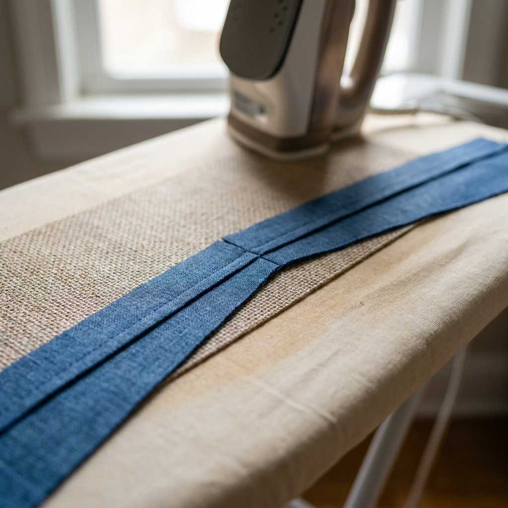 Two quilt binding strips sewn together with a diagonal seam, pressed open on an ironing surface
